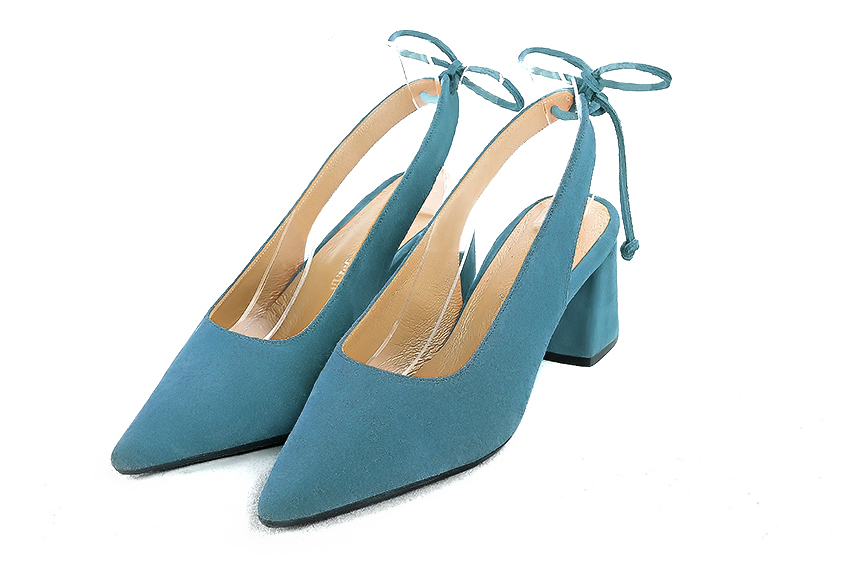 Dress slingback heels in peacock blue leather with medium flare heels and pointed toe - Front view